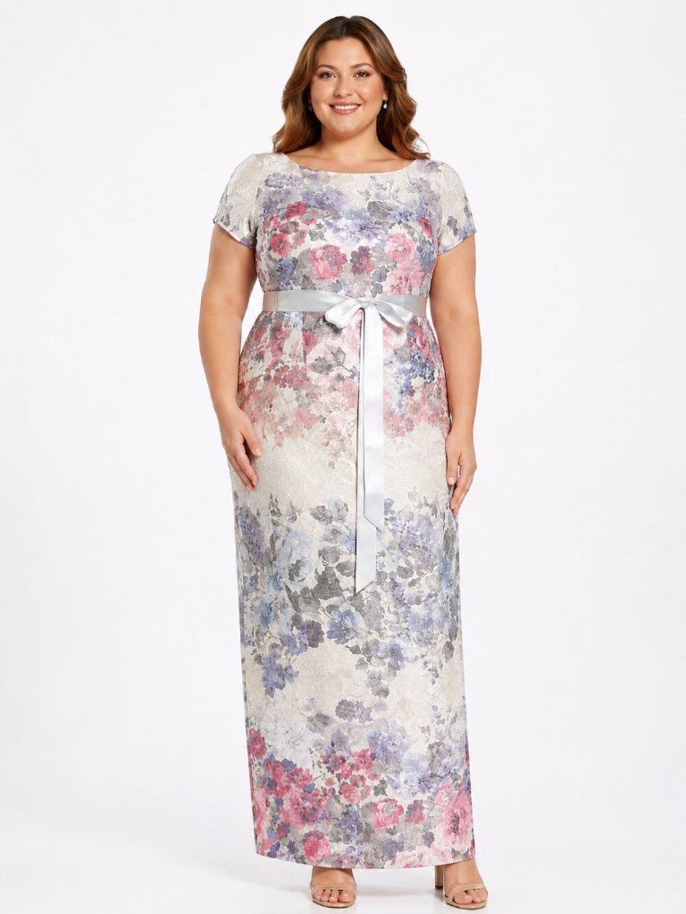 Adrianna Papell Metallic Floral Matelassé Column Gown 16 NWT